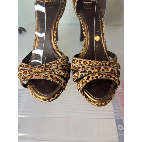 J Vincent Leopard Heeled Sandals Size 10.5 Leather Buckle Strap Peep Toe Party - Picture 3 of 12